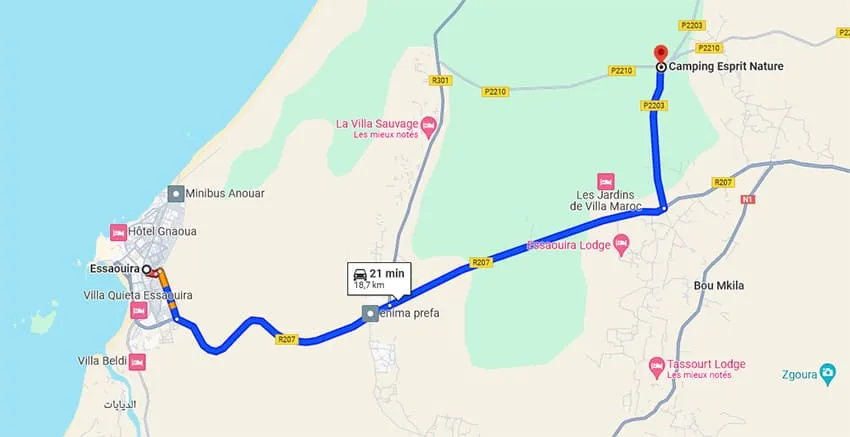 Ruta del camping Esprit Nature desde Essaouira